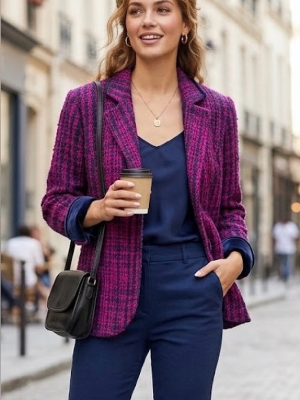 Coldwater Creek Pink & Navy Tweed Textured Blazer Jacket Size 14